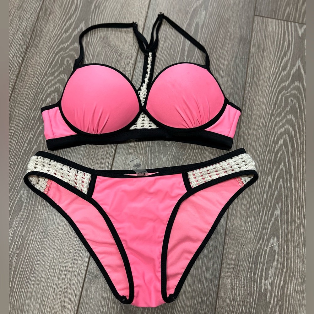 NEW- never worn hot pink bikini with crochet detailing